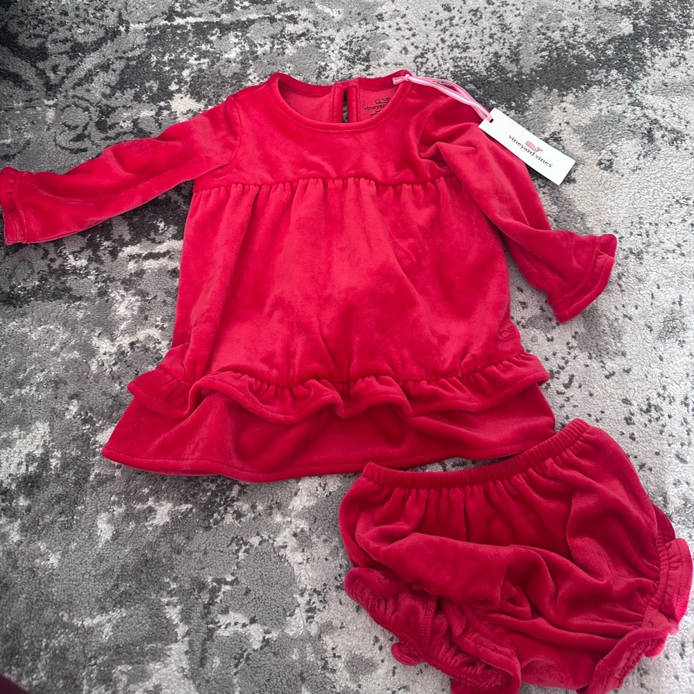 Vineyard Vines baby girl red velvet holiday dress two piece set